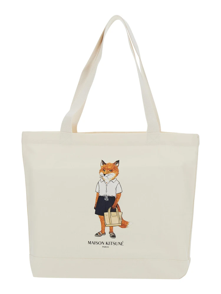 White Tote bag with large Fox embroidery on the front in cotton for men