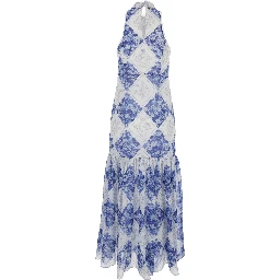 Long Floral Dress with High American Collar in Tech Fabric for Women
