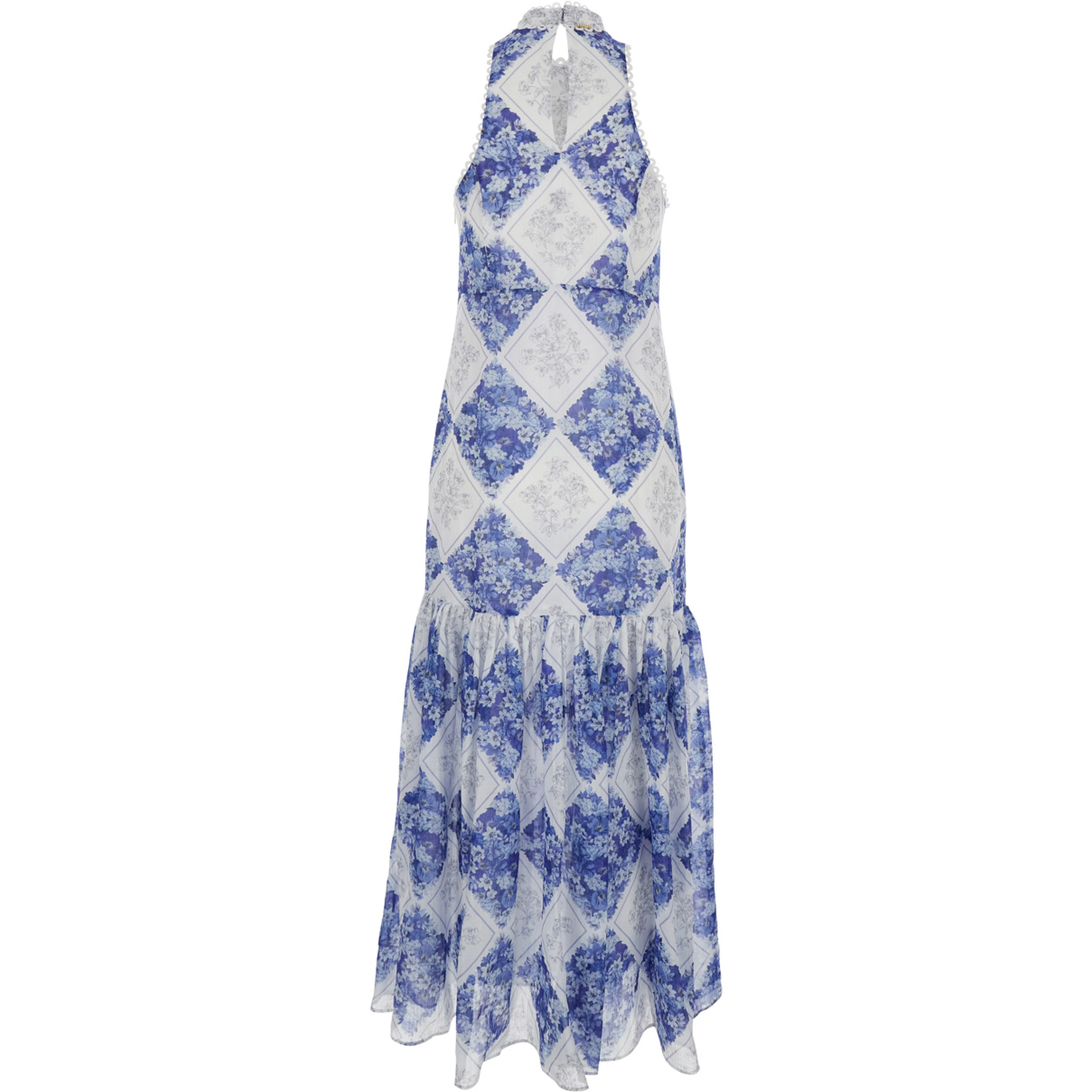Long Floral Dress with High American Collar in Tech Fabric for Women