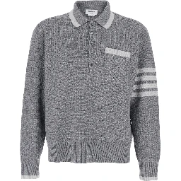 Grey Polo with 4-Bar Detail on the Sleeve in Wool and Silk Blend for Men