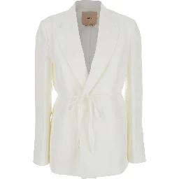WHITE BLAZER with Notched Revers and Button Closure in Linen Blend for Women