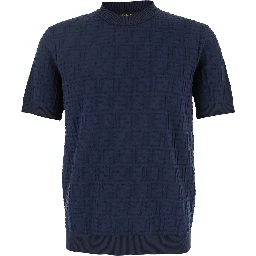 Blue T-Shirt with All-Over FF Logo Embroidery in Cotton for Men