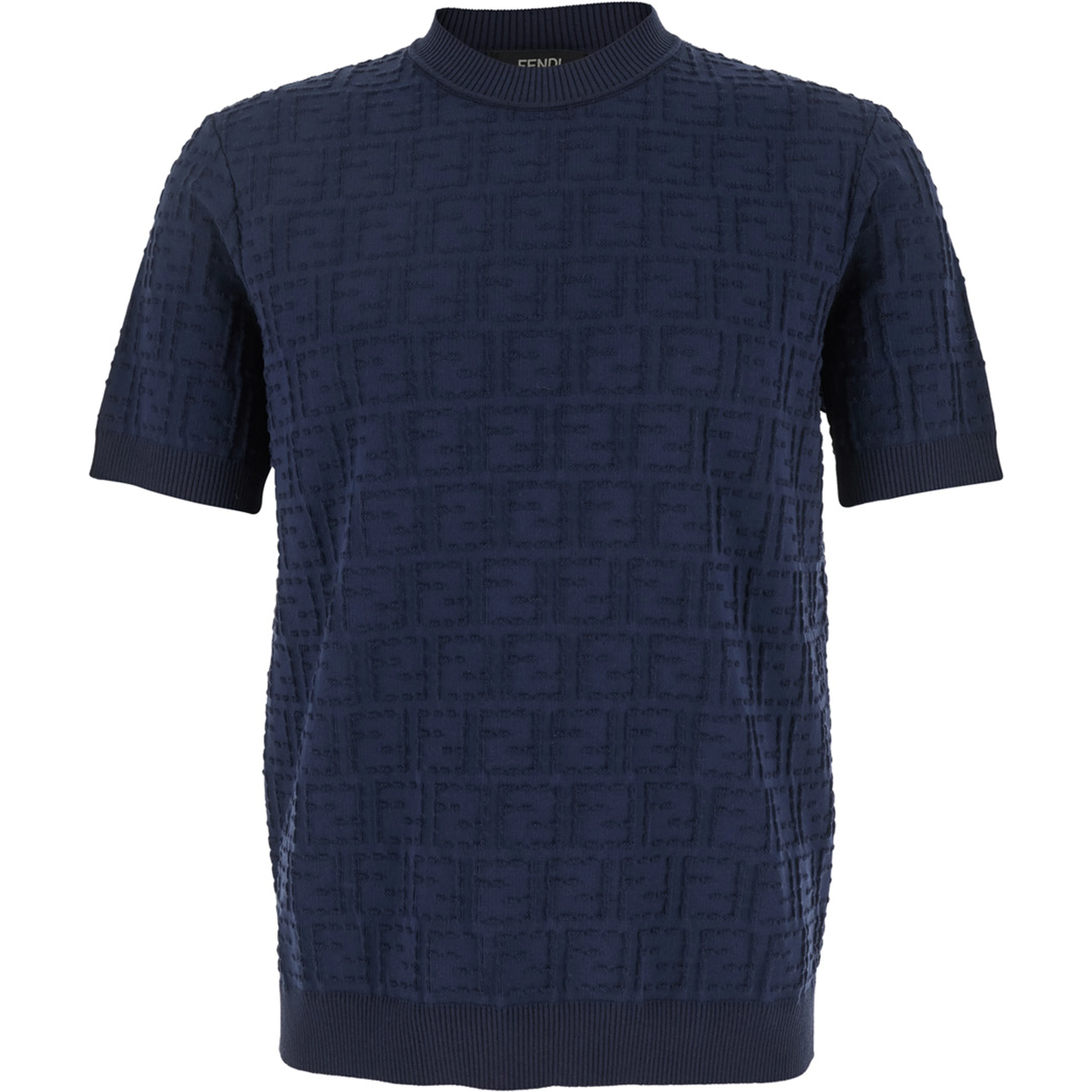 Blue T-Shirt with All-Over FF Logo Embroidery in Cotton for Men