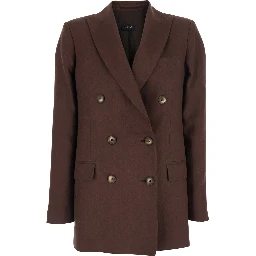 Brown Double-breasted Jacket with Peak Revers in Linen for Women
