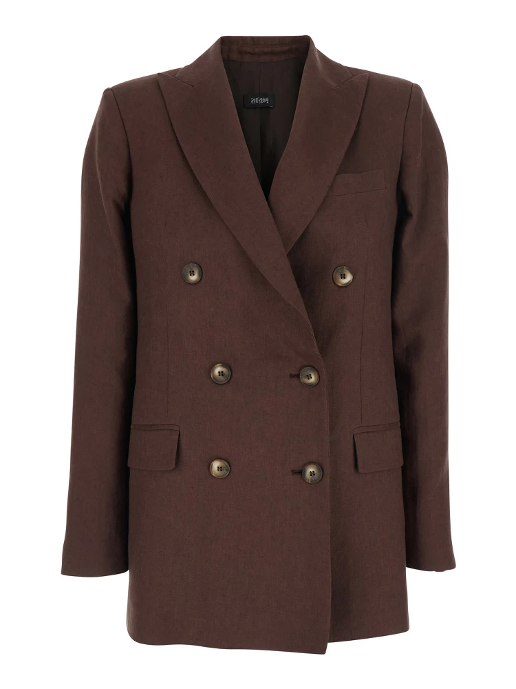 Brown Double-breasted Jacket with Peak Revers in Linen for Women