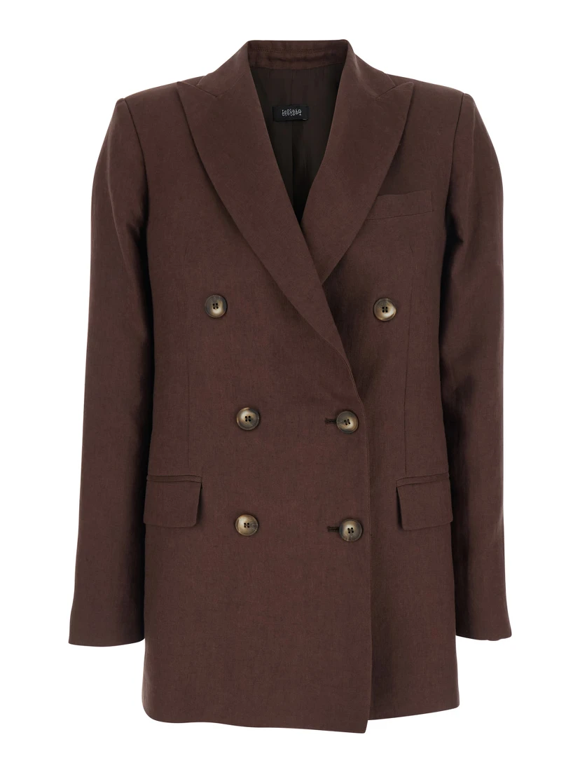 Brown Double-breasted Jacket with Peak Revers in Linen for Women