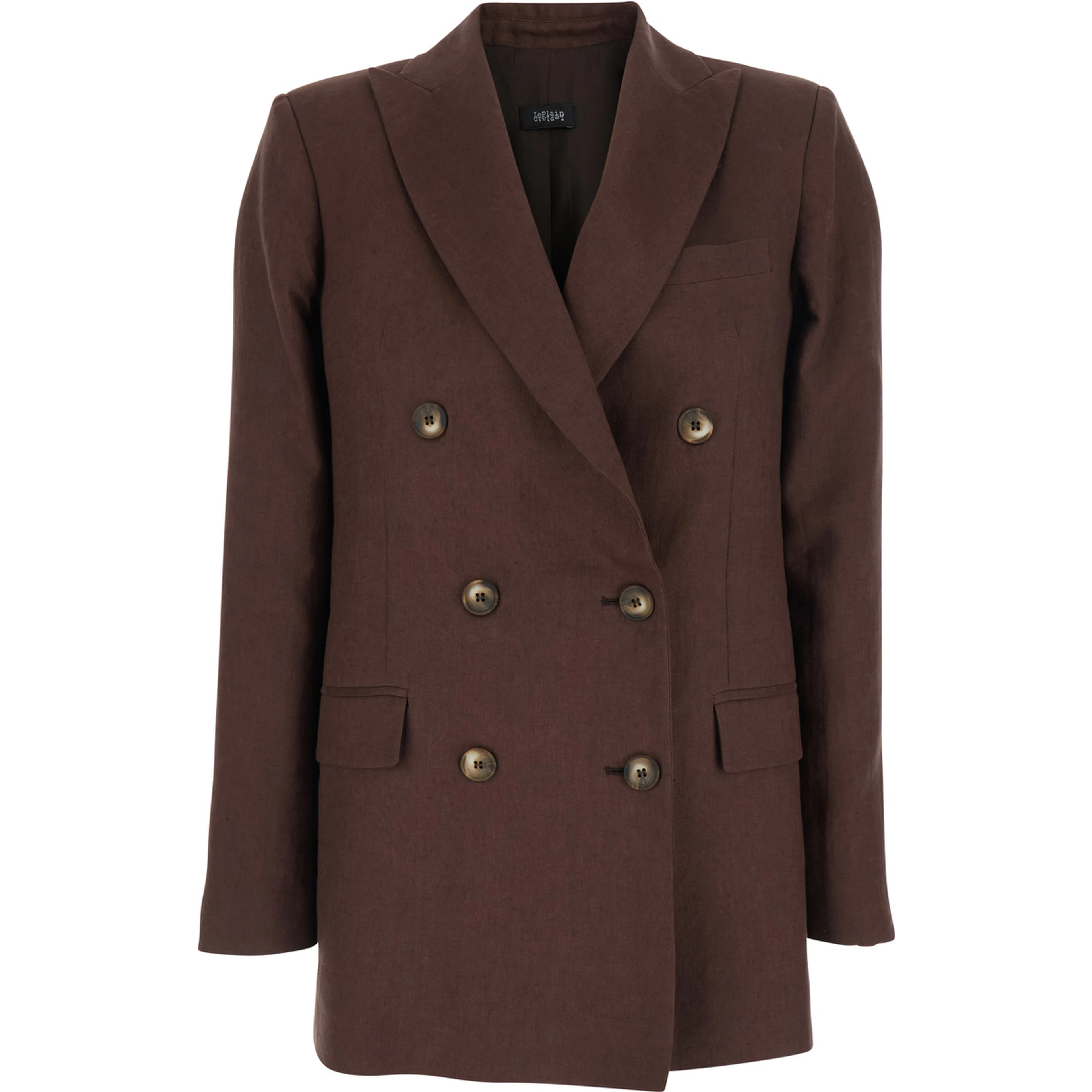 Brown Double-breasted Jacket with Peak Revers in Linen for Women