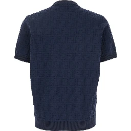 Blue T-Shirt with All-Over FF Logo Embroidery in Cotton for Men