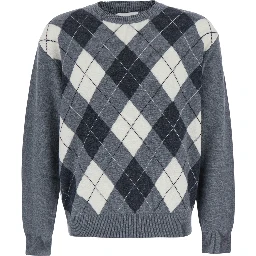 UNISEX ARGYLE CREW NECK SWEATER with round neckline and long sleeves in Gray Wool Unisex