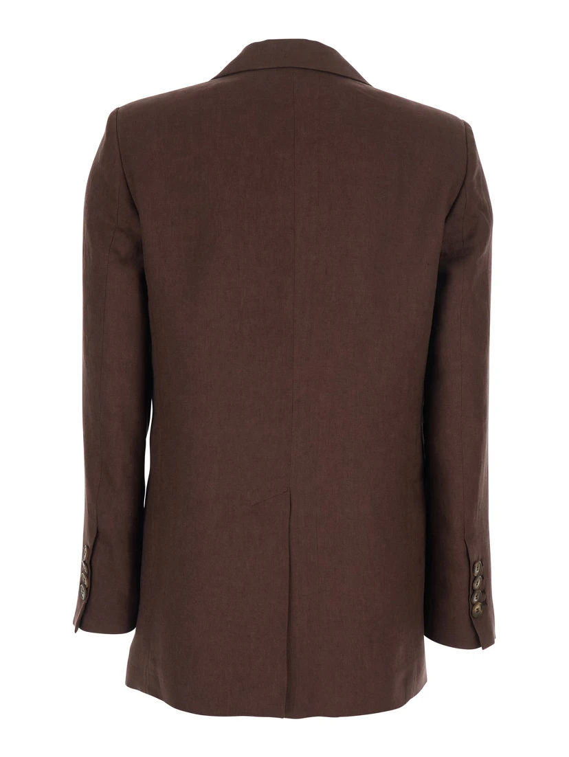 Brown Double-breasted Jacket with Peak Revers in Linen for Women