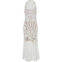 White Sleeveless Crew Neck Long Dress with Keyhole Closure on the Back and All-Over Floral Embroidery in VIscose Blend for Women