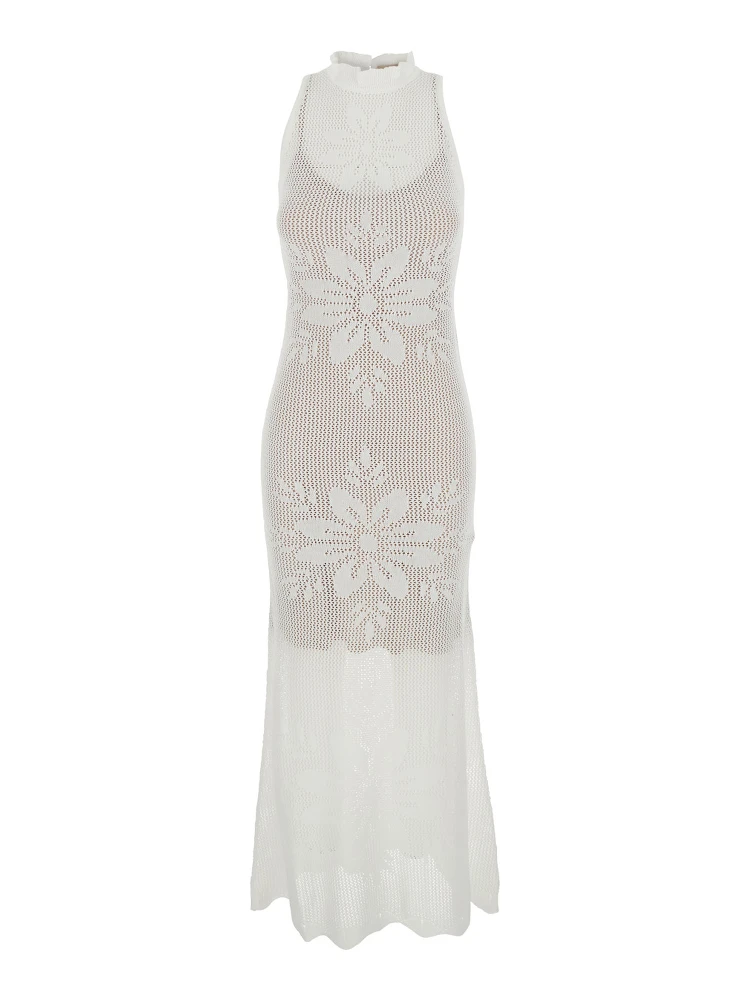 White Sleeveless Crew Neck Long Dress with Keyhole Closure on the Back and All-Over Floral Embroidery in VIscose Blend for Women