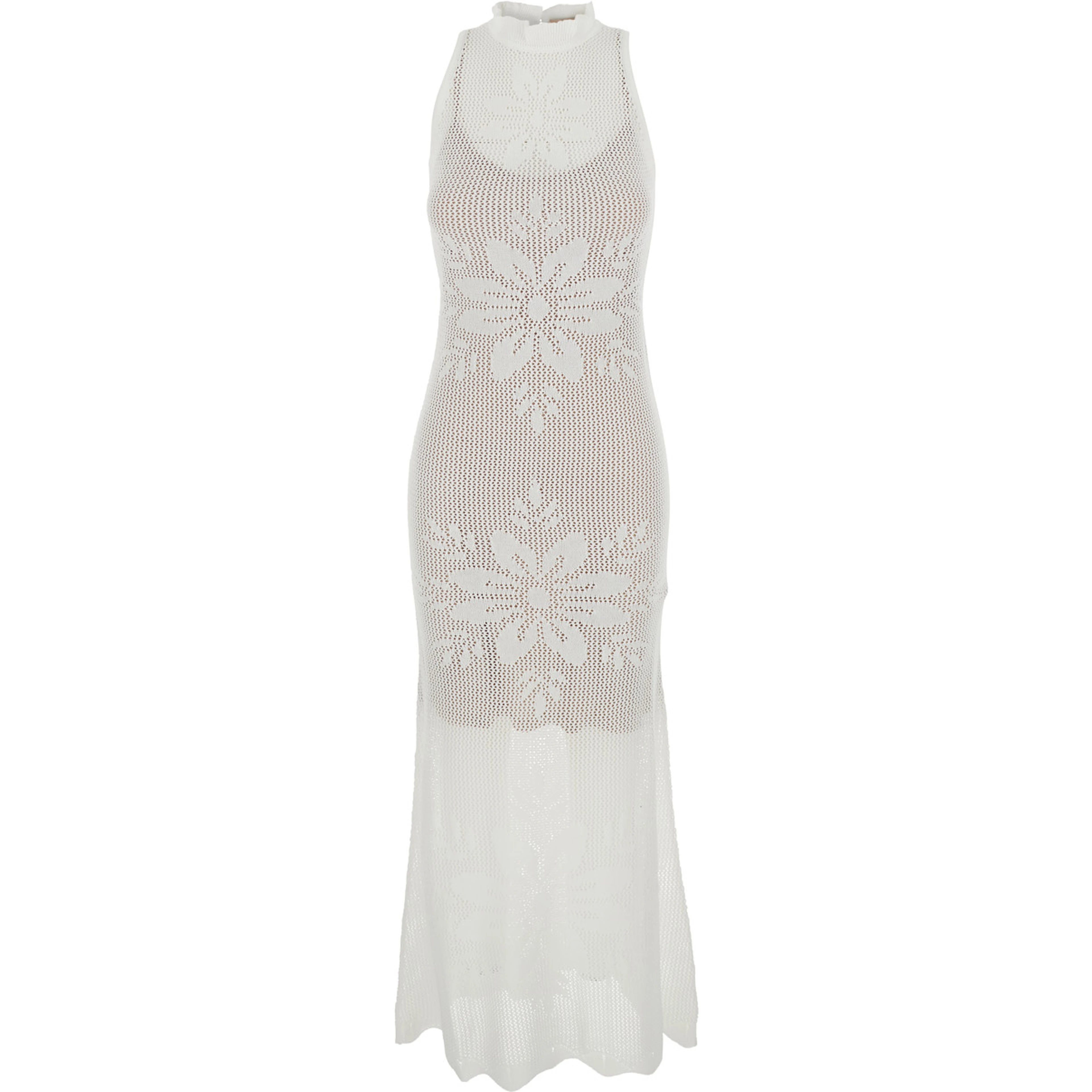 White Sleeveless Crew Neck Long Dress with Keyhole Closure on the Back and All-Over Floral Embroidery in VIscose Blend for Women