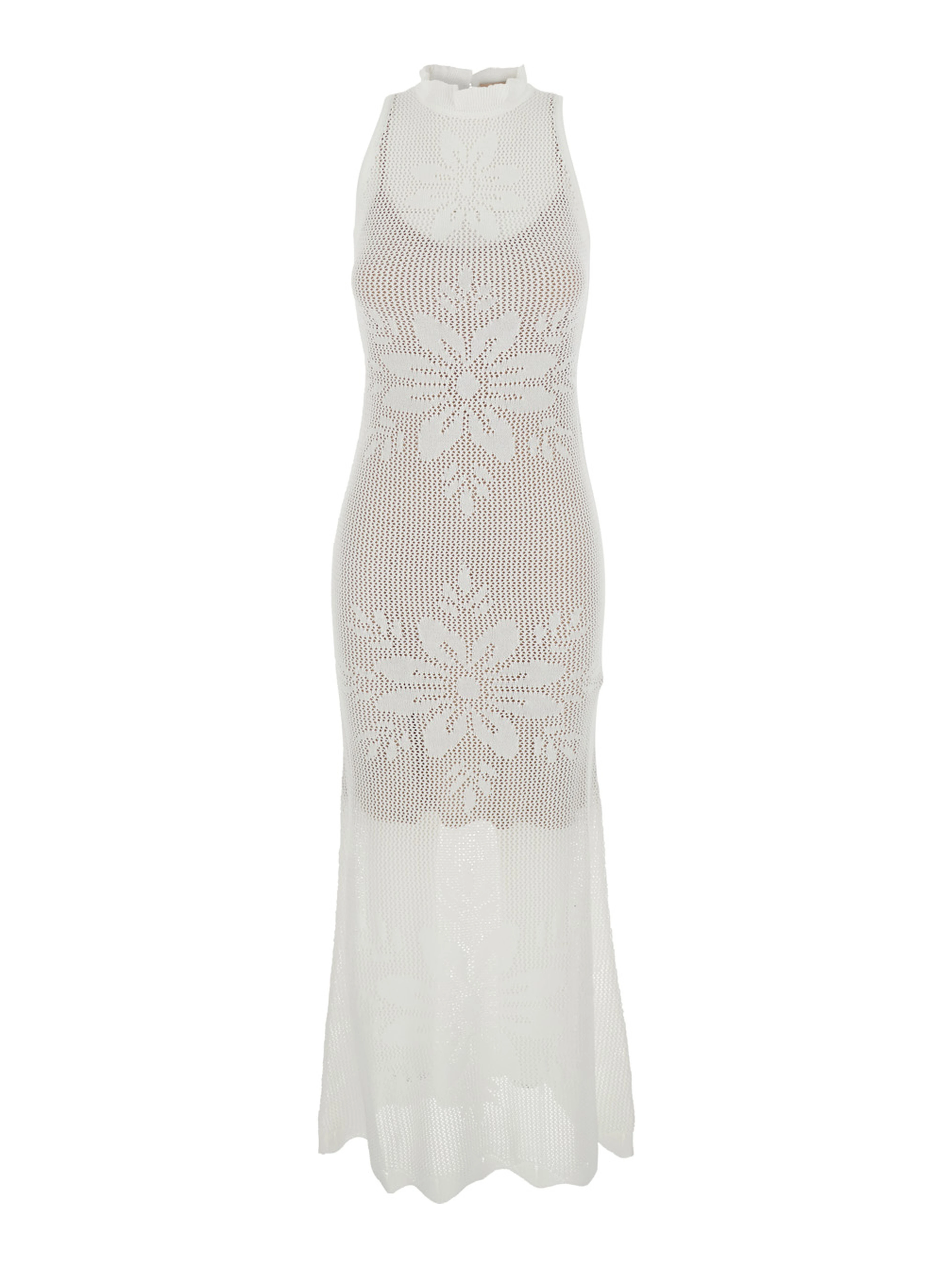 White Sleeveless Crew Neck Long Dress with Keyhole Closure on the Back and All-Over Floral Embroidery in VIscose Blend for Women