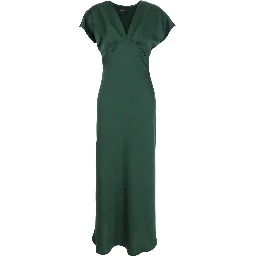 Green Long Dress with V-Neck and Ruffles on the Front in Tech Fabric Women
