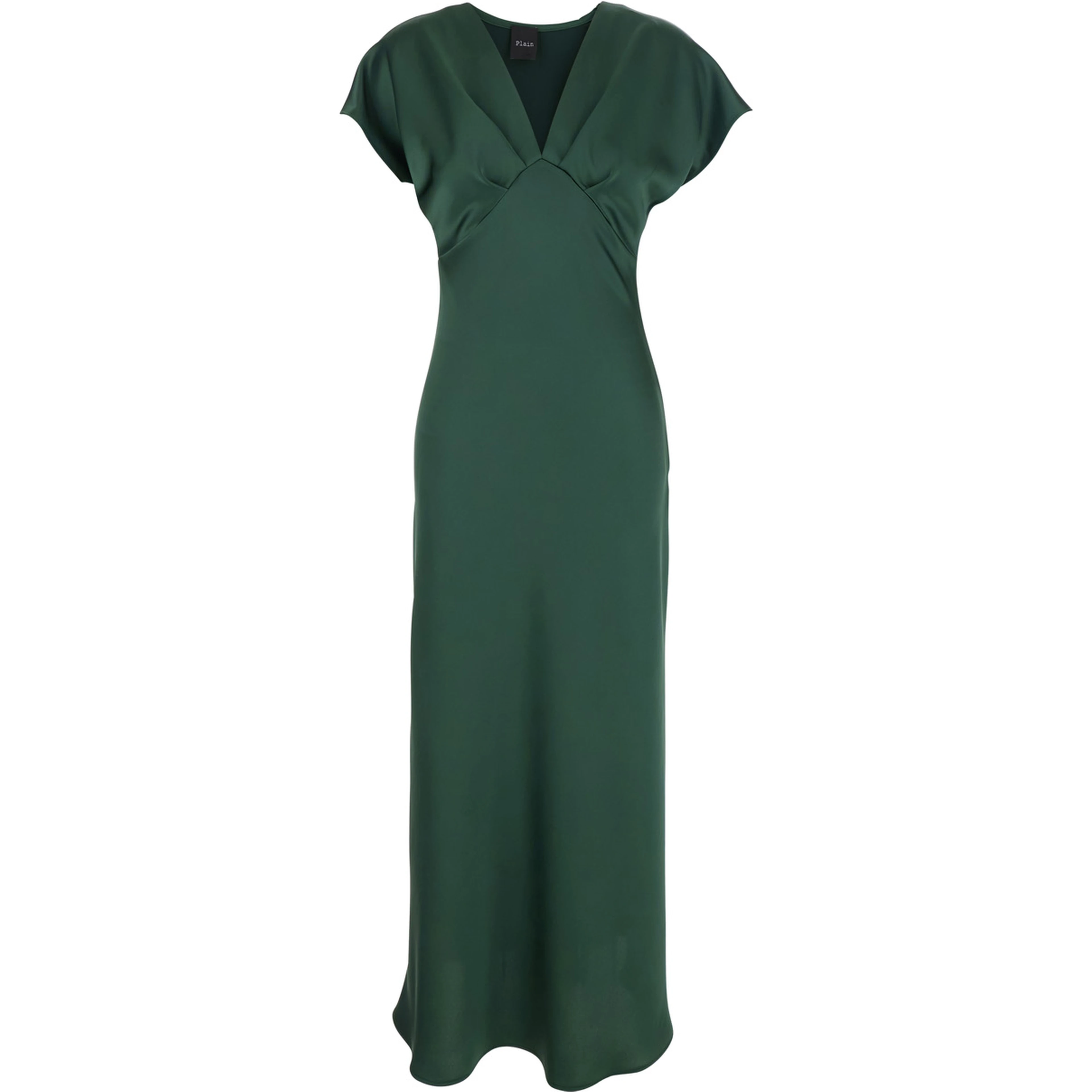 Green Long Dress with V-Neck and Ruffles on the Front in Tech Fabric Women
