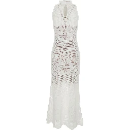 White Sleeveless Crew Neck Long Dress with Keyhole Closure on the Back and All-Over Floral Embroidery in VIscose Blend for Women