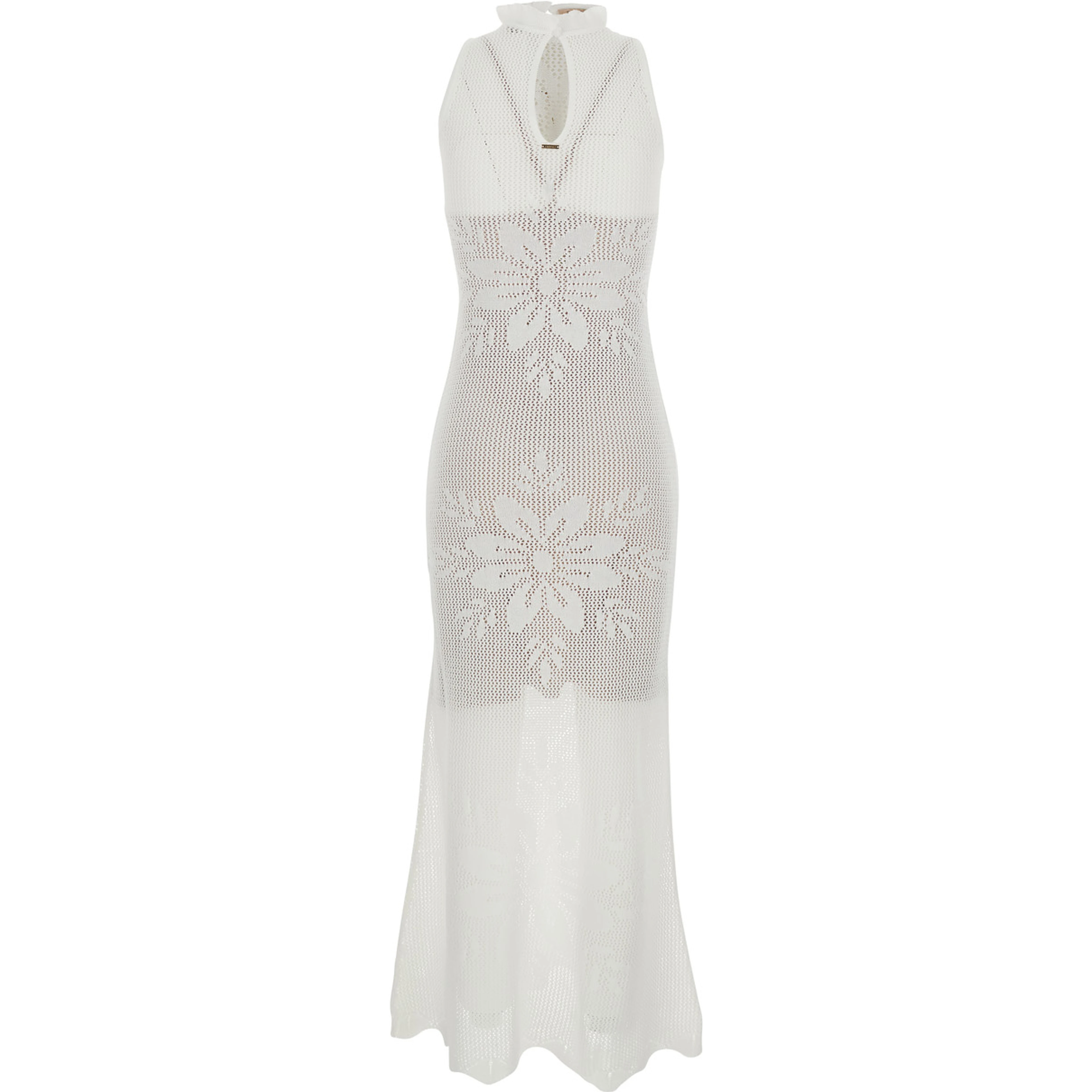 White Sleeveless Crew Neck Long Dress with Keyhole Closure on the Back and All-Over Floral Embroidery in VIscose Blend for Women