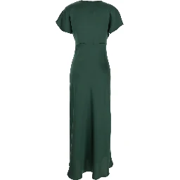 Green Long Dress with V-Neck and Ruffles on the Front in Tech Fabric Women