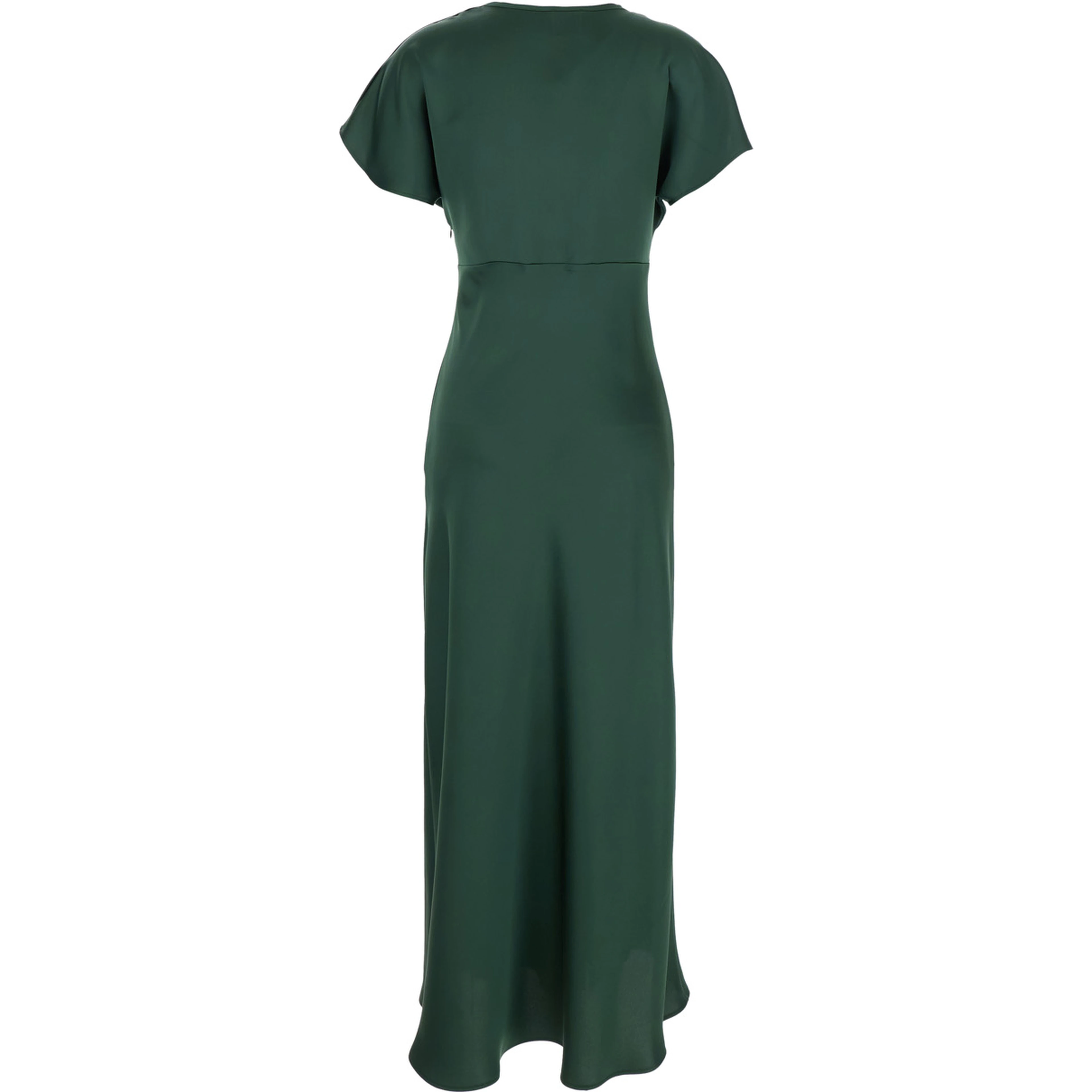 Green Long Dress with V-Neck and Ruffles on the Front in Tech Fabric Women