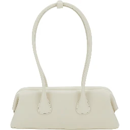 Boat Wide Mini White Shoulder Bag with Round Handles and Logo Lettering on the Front in Leather for Women