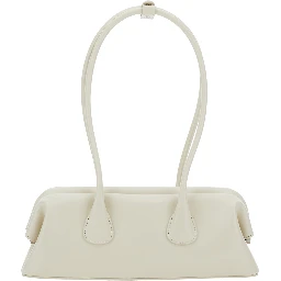 Boat Wide Mini White Shoulder Bag with Round Handles and Logo Lettering on the Front in Leather for Women