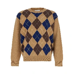UNISEX ARGYLE CREW NECK SWEATER with diamond details and Beige Wool Unisex