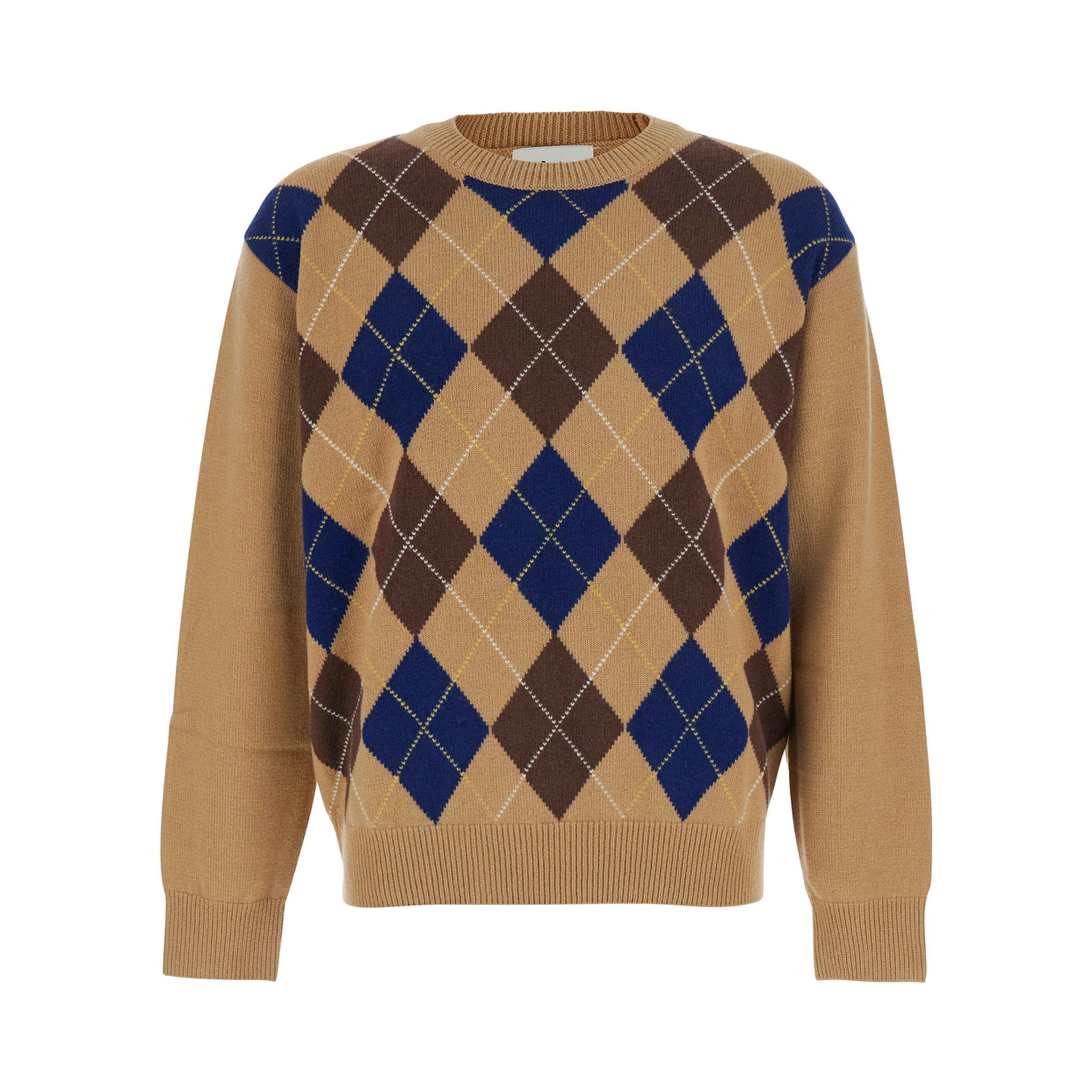 UNISEX ARGYLE CREW NECK SWEATER with diamond details and Beige Wool Unisex
