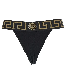 High-Waisted Greca Slip with Medusa Detail in Black Stretch Cotton for Women