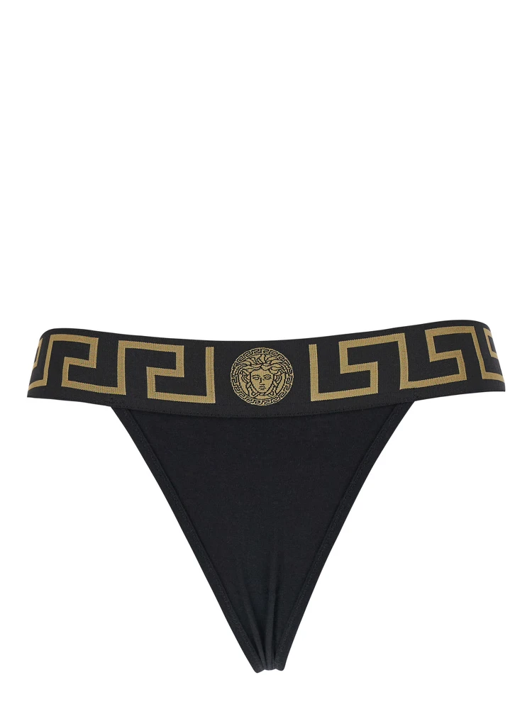 High-Waisted Greca Slip with Medusa Detail in Black Stretch Cotton for Women