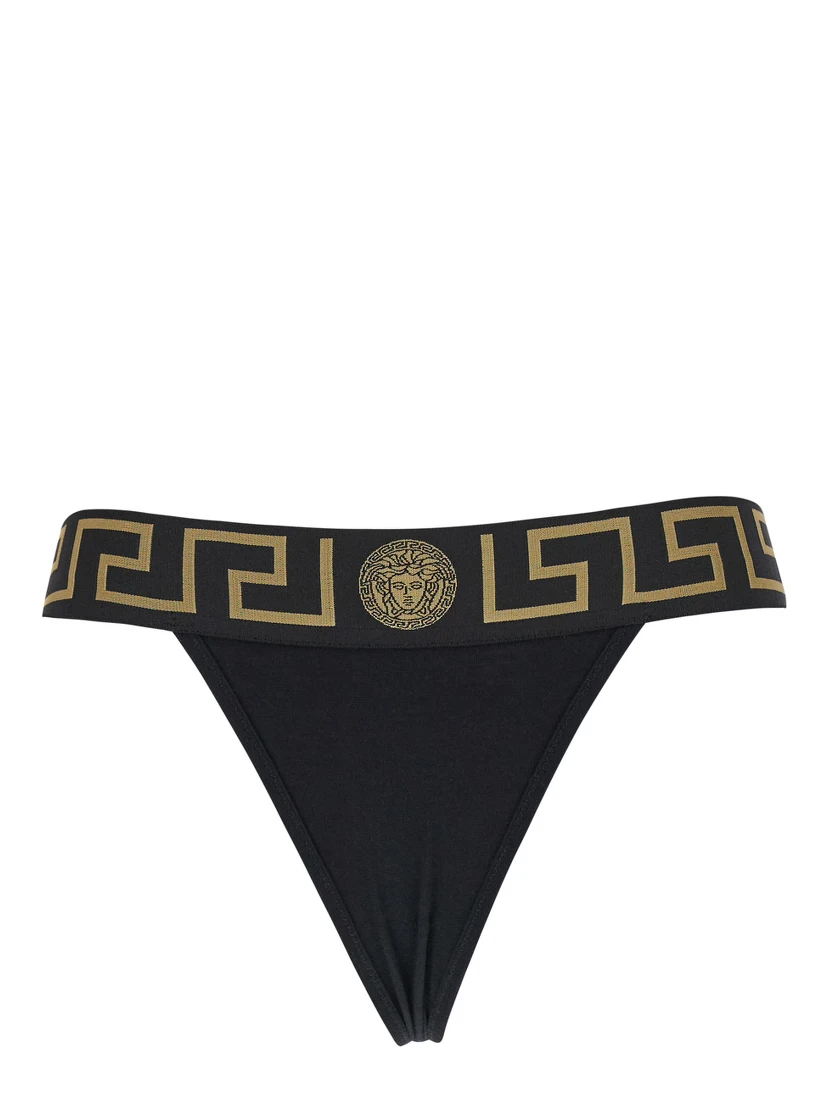High-Waisted Greca Slip with Medusa Detail in Black Stretch Cotton for Women