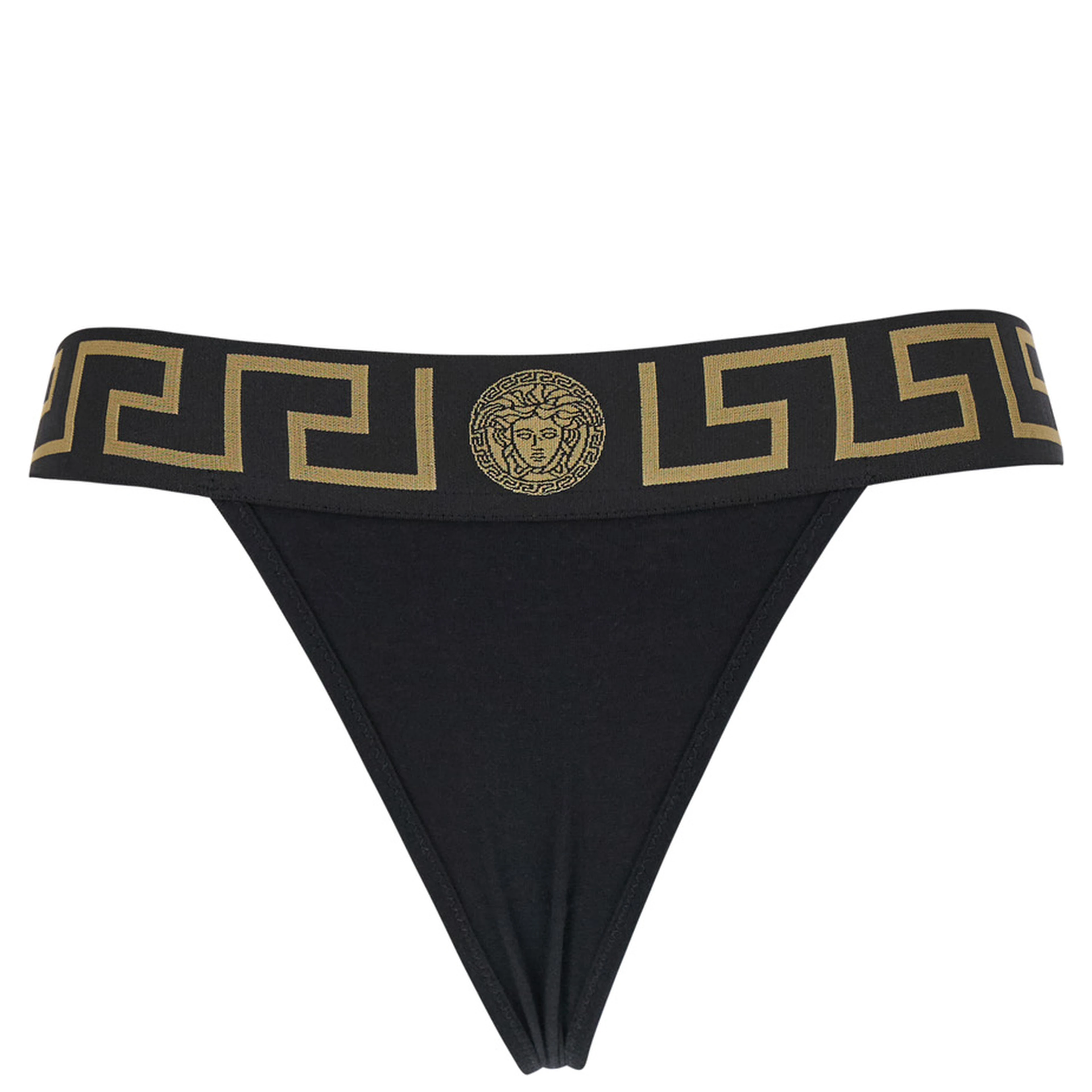 High-Waisted Greca Slip with Medusa Detail in Black Stretch Cotton for Women