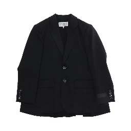 Black Double-breasted Jacket with Notched Revers and Patch Logo on the Sleeve in Wool Blend Boy