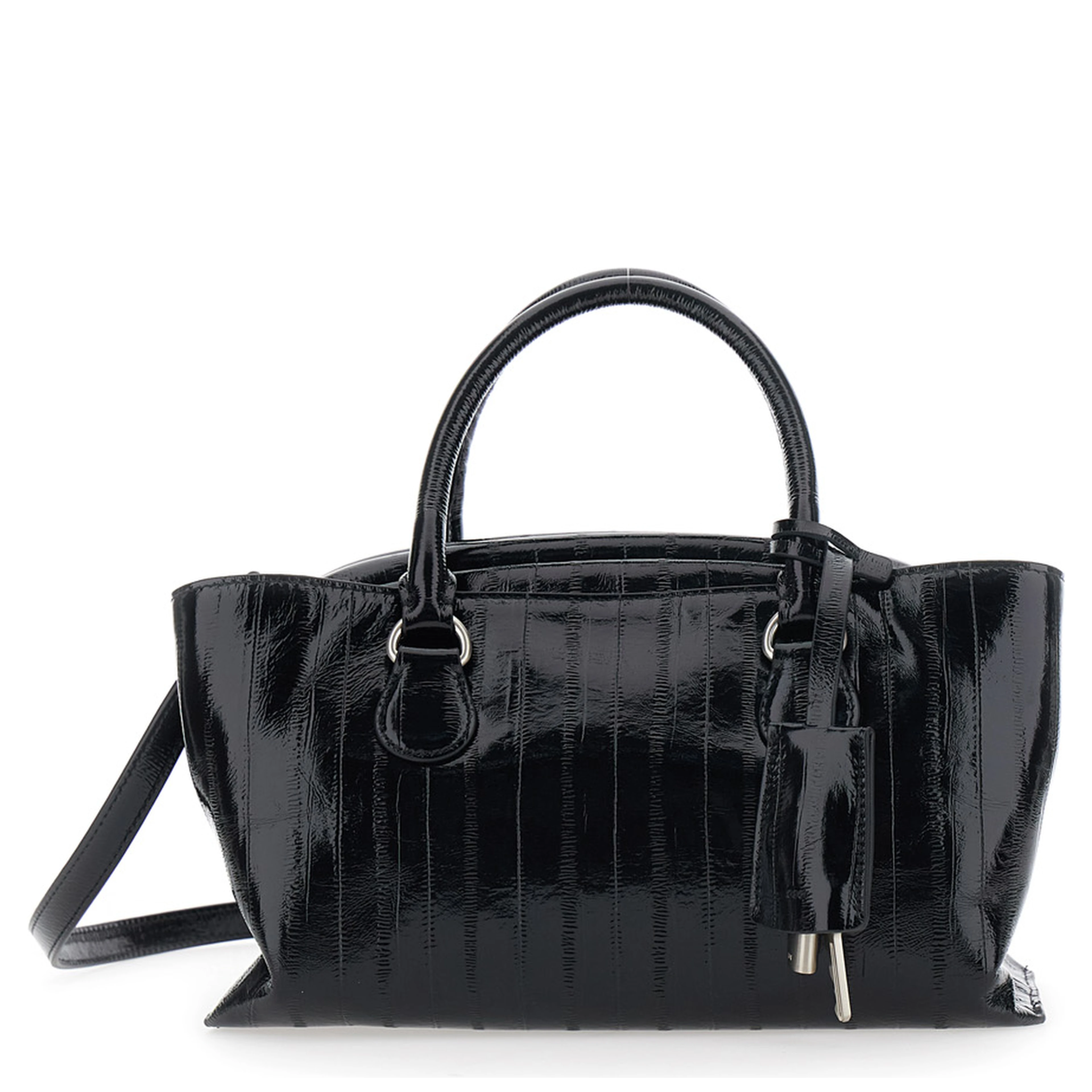 Shell Brot Black Mini Shoulder bag with Adjustable and Removable Strap and Pendant on the Front in Leather for Women