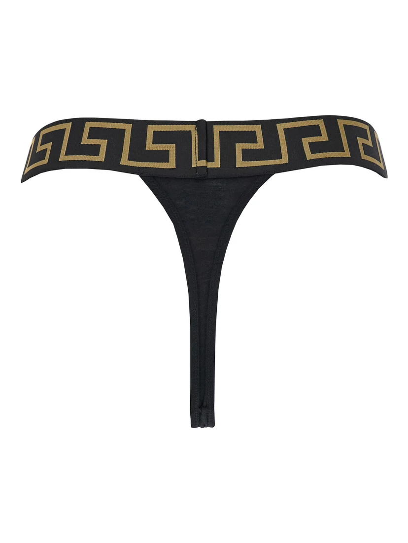 High-Waisted Greca Slip with Medusa Detail in Black Stretch Cotton for Women
