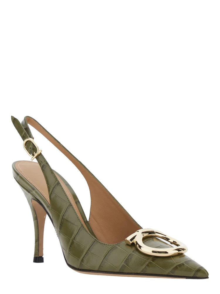 SARA Green Pumps with Gancini plaque on the front in crocodile effect leather for women