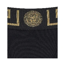 High-Waisted Greca Slip with Medusa Detail in Black Stretch Cotton for Women
