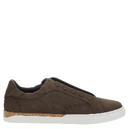 City brown Sneakers with slip-on design and logo lettering in leather for men