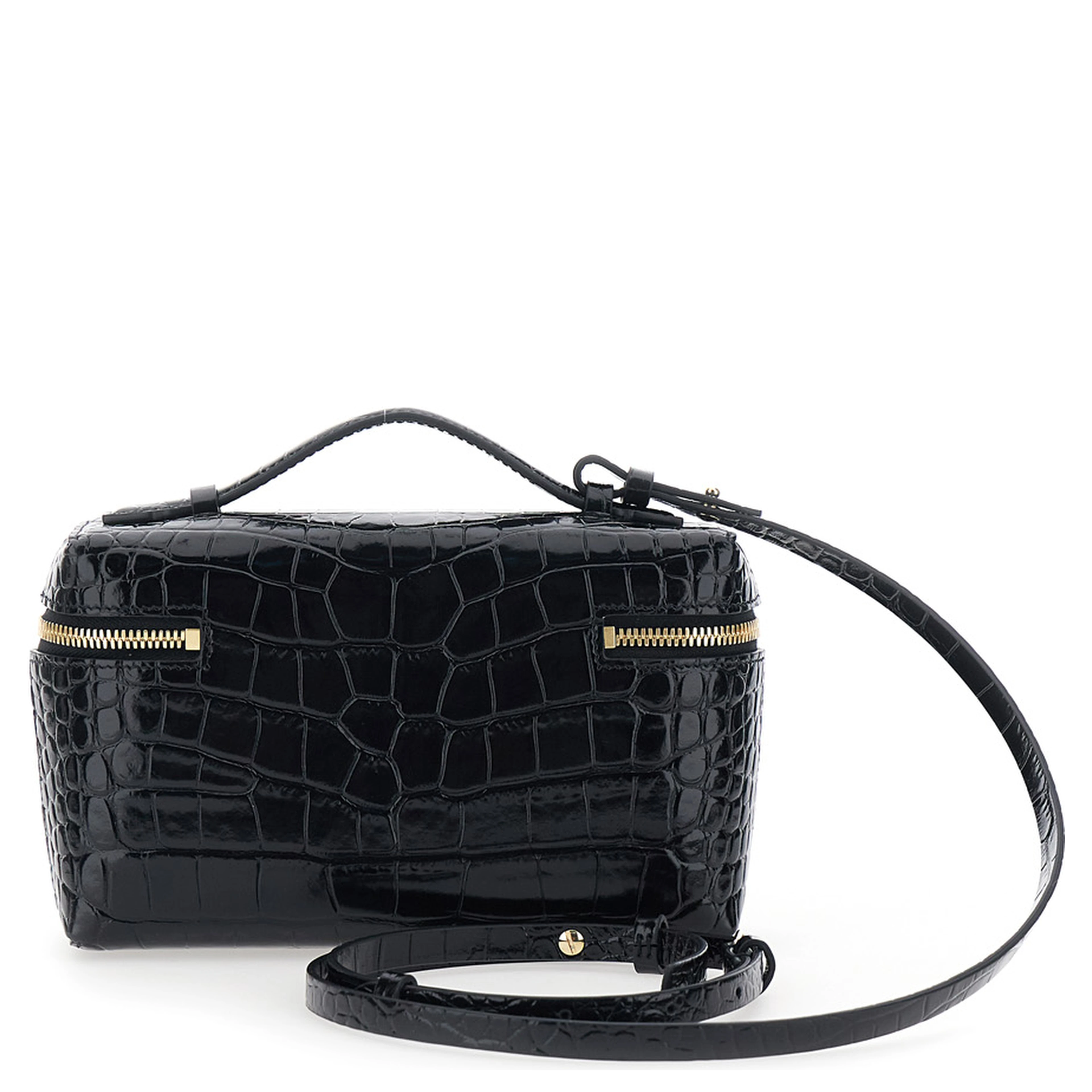 Black Crossbody bag with logo lettering on the front and adjustable and removable strap in leather for women