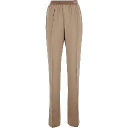 Beige Pants with Elasticated Waist with Logo Lettering in Silk for Women