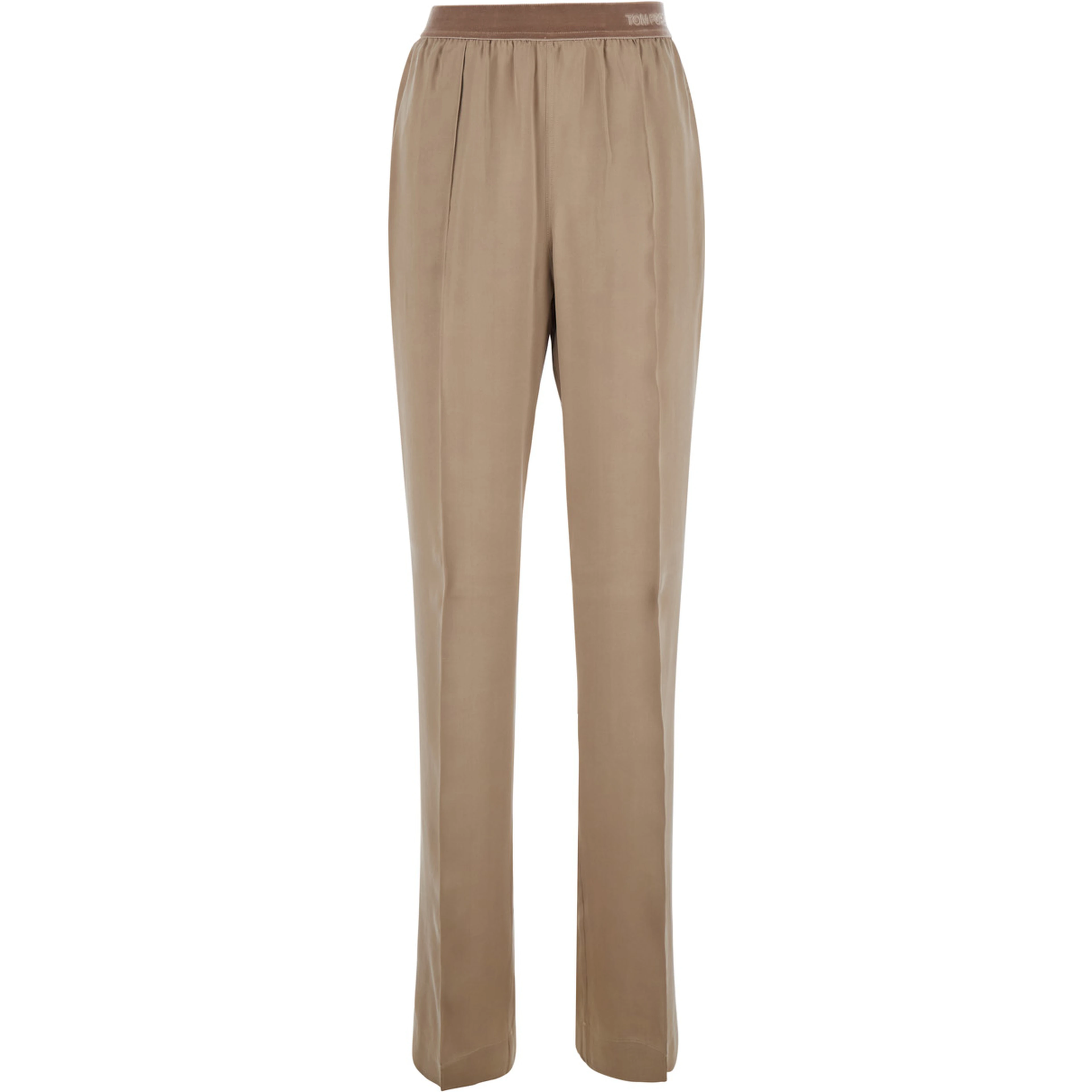 Beige Pants with Elasticated Waist with Logo Lettering in Silk for Women