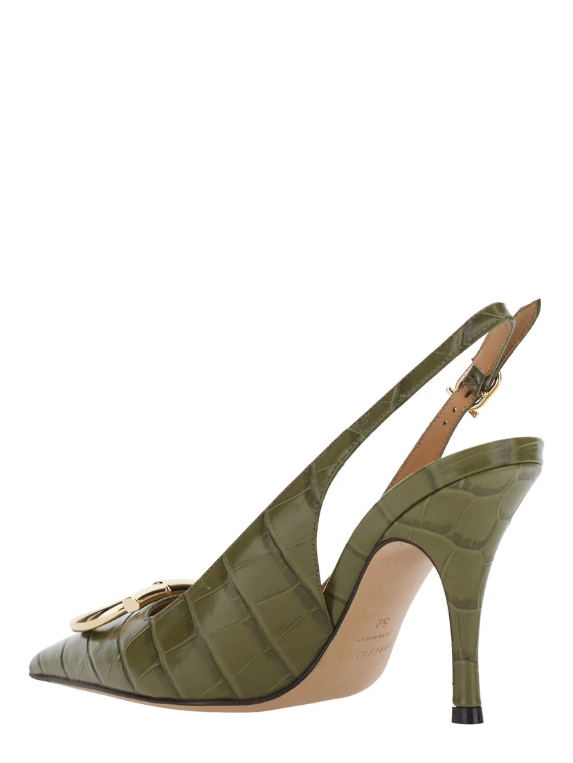 SARA Green Pumps with Gancini plaque on the front in crocodile effect leather for women