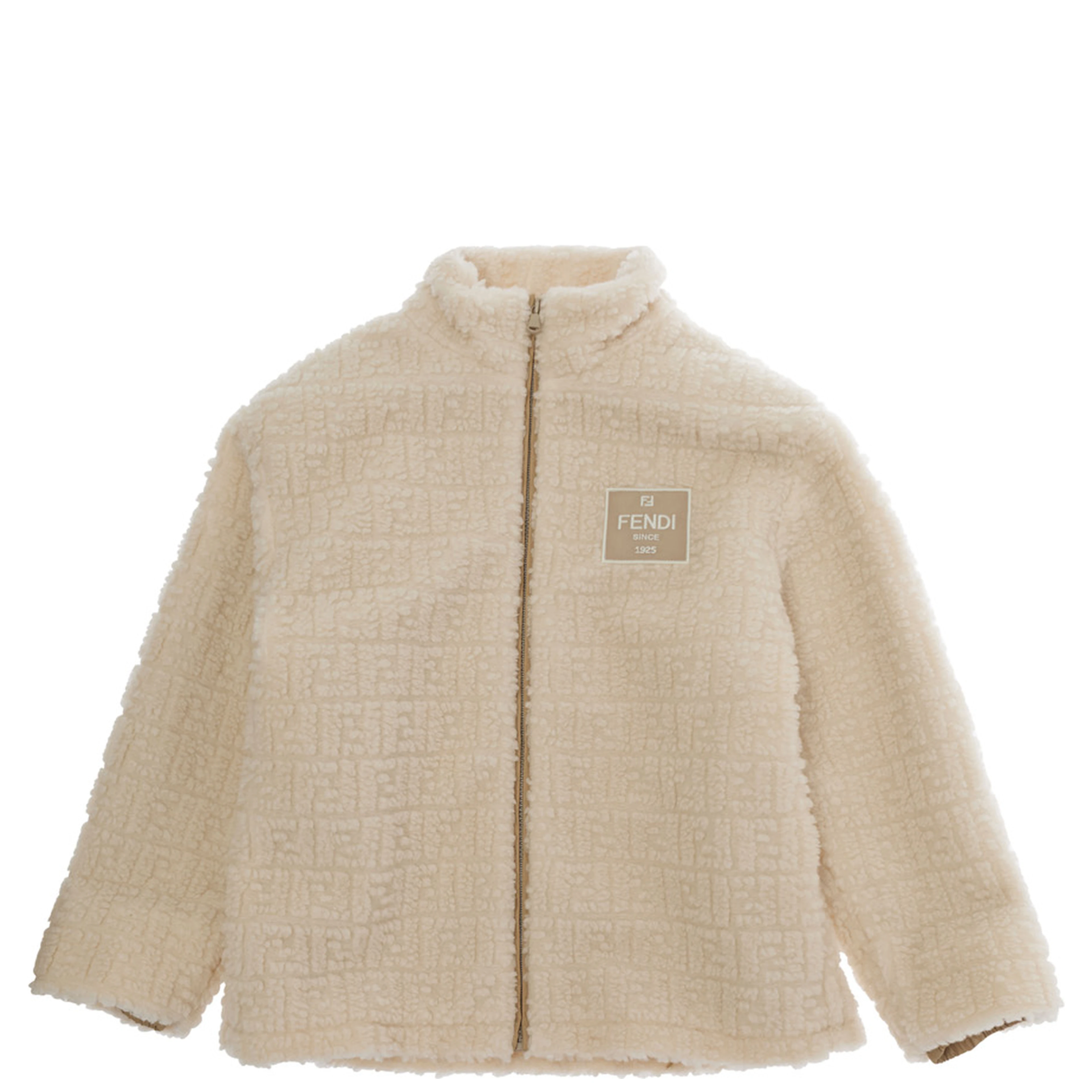 Beige Teddy sweatshirt with logo patch and FF all-over motif in wool blend for boy