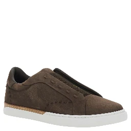 City brown Sneakers with slip-on design and logo lettering in leather for men