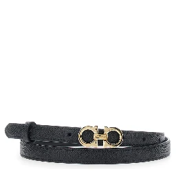 Black Belt with Gancini Buckle Closure in Grained Leather for Women