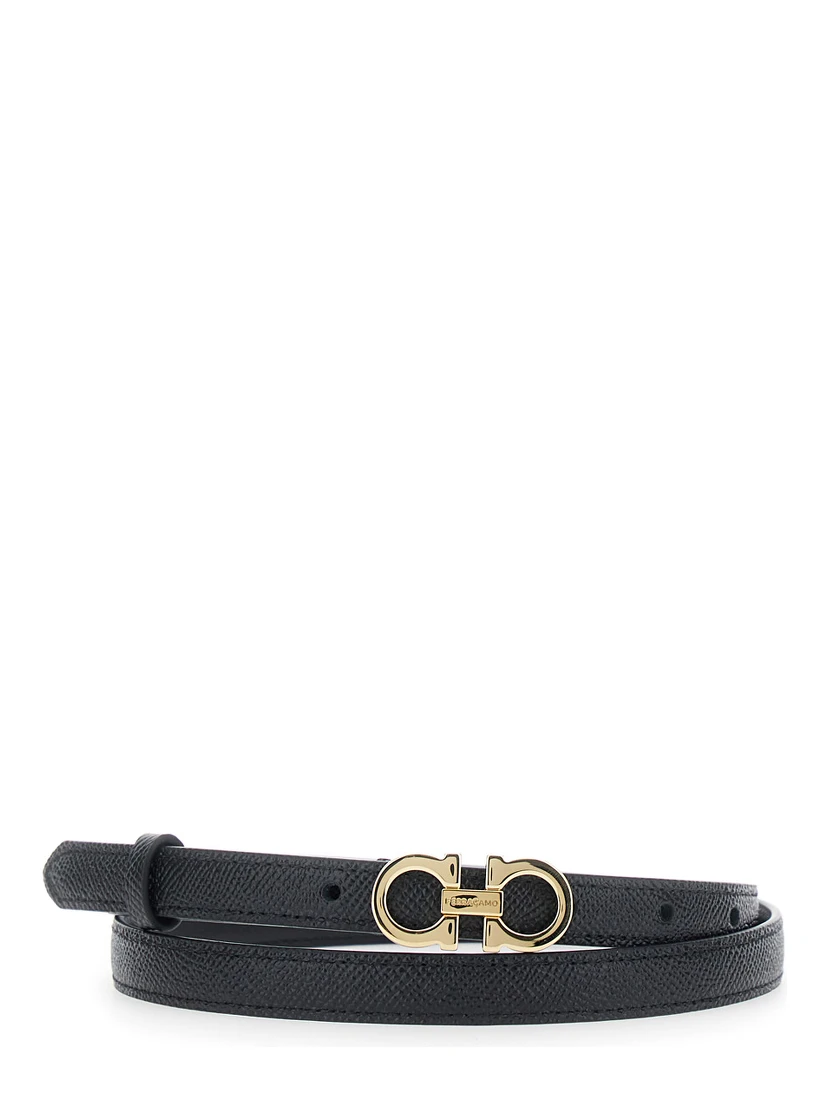 Black Belt with Gancini Buckle Closure in Grained Leather for Women