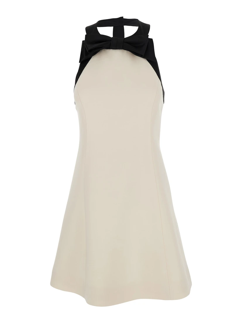 White Mini Sleeveless Dress with Halterneck in Wool and Silk Blend for Women