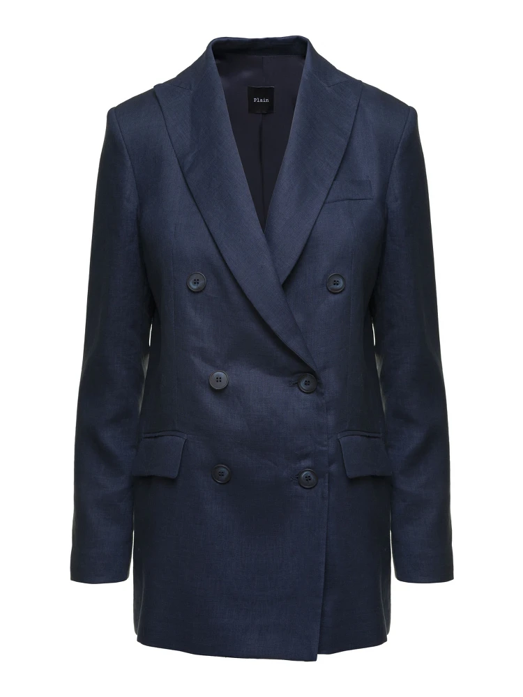 Blue Double-breasted Blazer In Linen Women