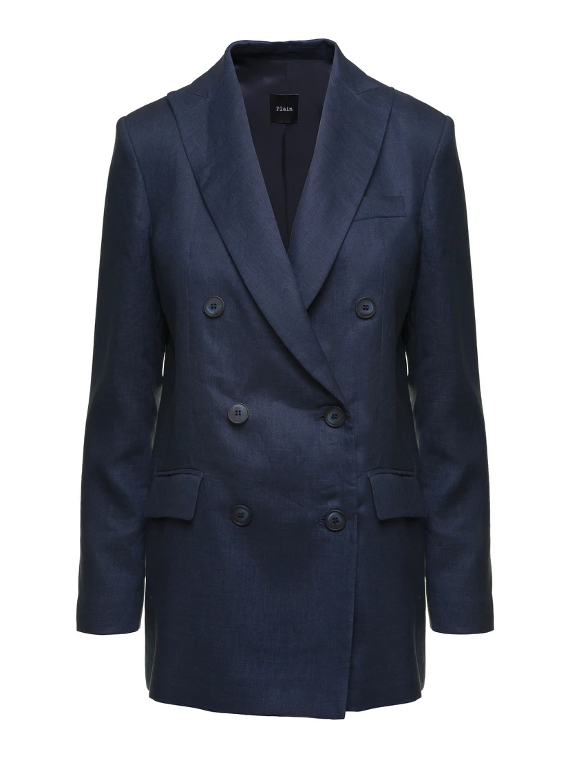 Blue Double-breasted Blazer In Linen Women