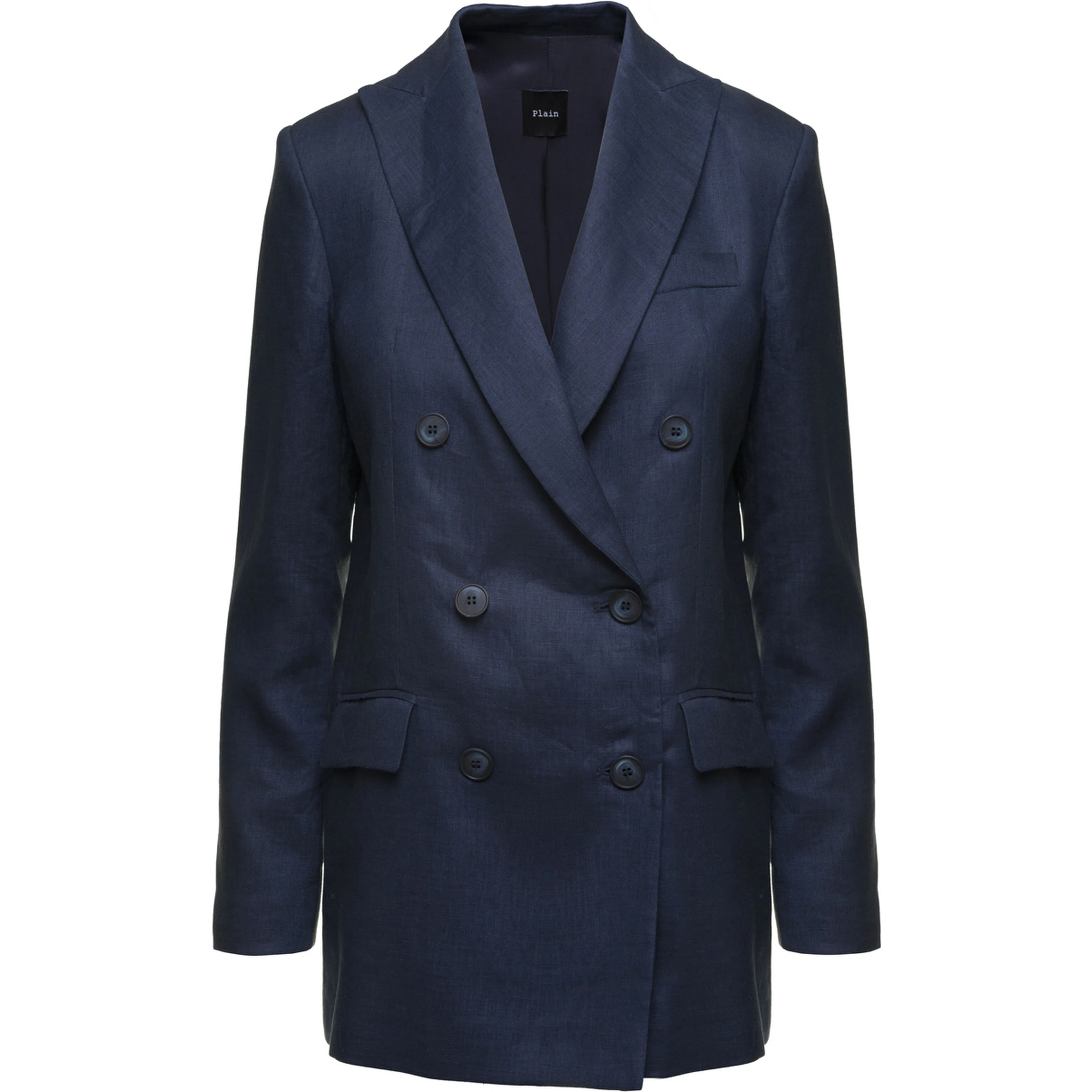 Blue Double-breasted Blazer In Linen Women